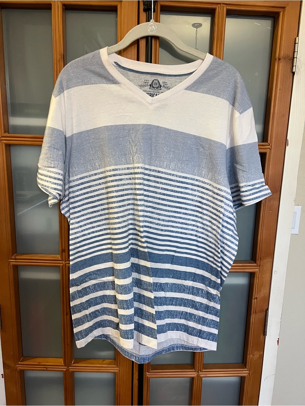 American Rag White and Blue Striped V-Neck Short Sleeve Tee